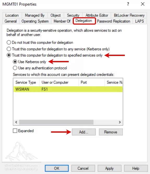 Delegation tab on the Windows Admin Center gateway server (MGMT01)