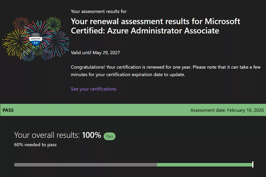 Renewal assessment results for Microsoft Certified: Azure Administrator Associate