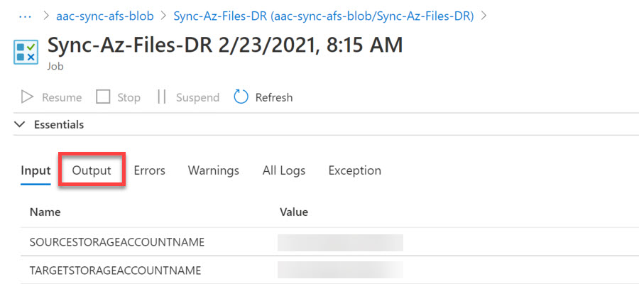 Sync Between Two Azure File Shares for Disaster Recovery 13 Azure Automation Output Log