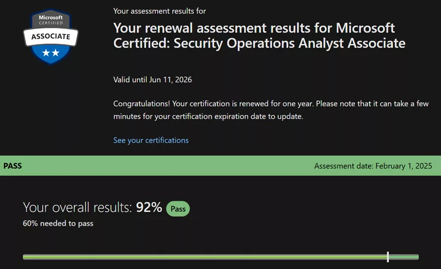 Renewal assessment results for Microsoft SC-200: Security Operations Analyst Associate