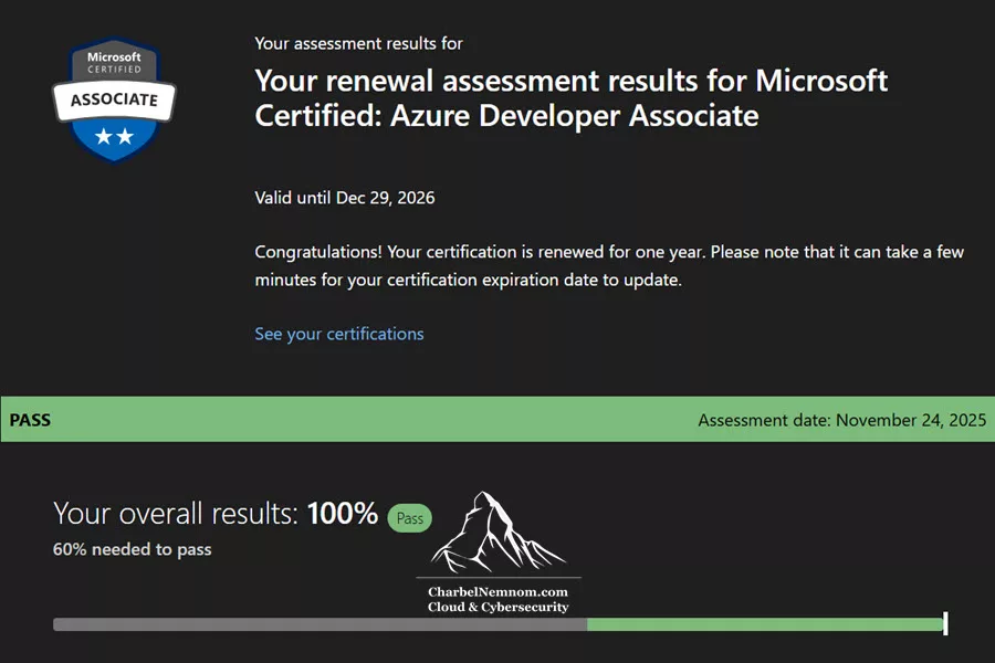 Renewal assessment results for Microsoft Certified: Azure Developer Associate