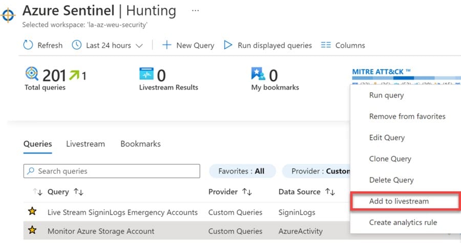 Hunting Query - Add to livestream
