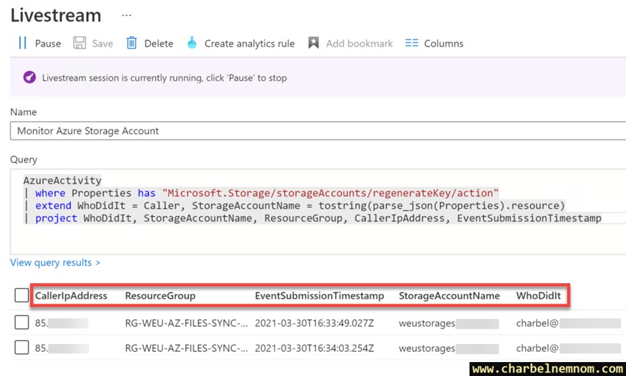 Azure Sentinel Livestream query results