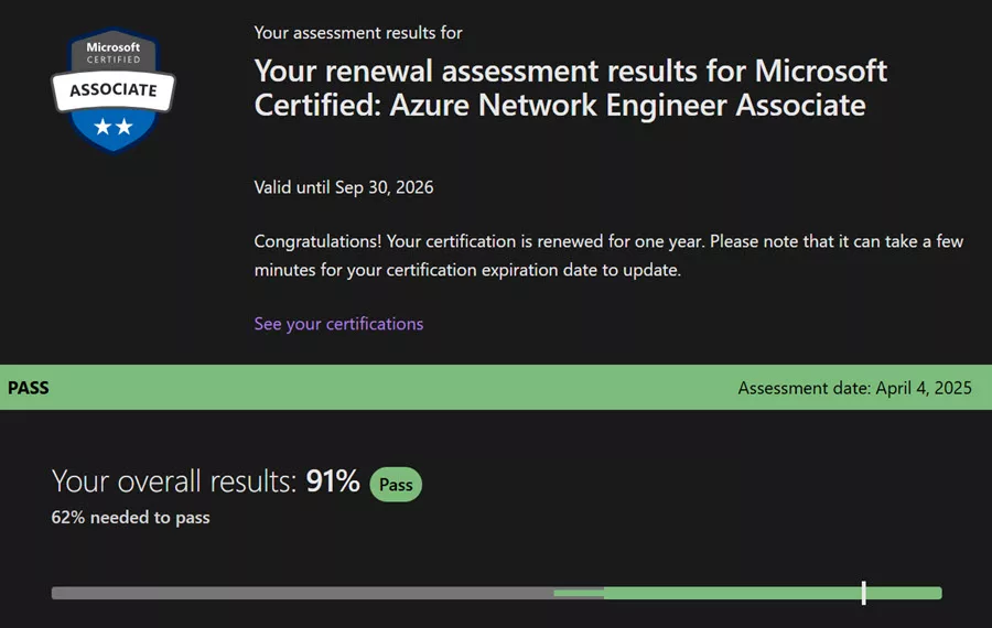 Renewal assessment results for Microsoft Certified: Azure Network Engineer Associate