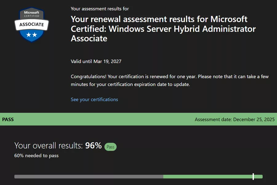 Renewal assessment results for Microsoft Certified: Windows Server Hybrid Administrator Associate