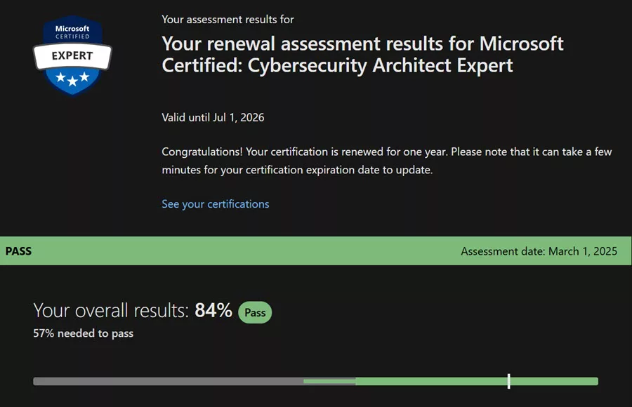 Renewal assessment results for Microsoft Certified: Cybersecurity Architect Expert