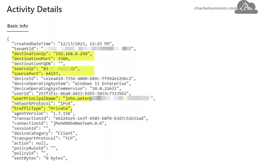 Global Secure Access | Monitor > Traffic logs > Activity Details