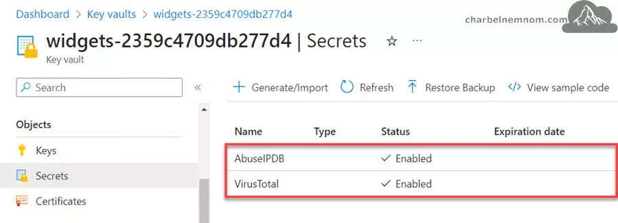 Supercharge Your Threat Analysis with Microsoft Sentinel Enrichment Widgets 12 Verify widgets secrets added to the key vault