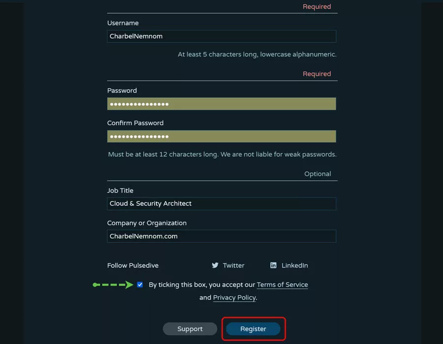Complete Pulsedive registration