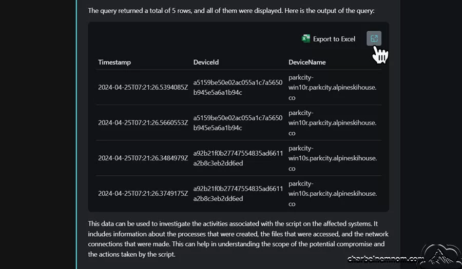 Output of the KQL query