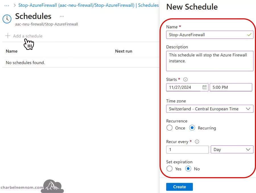 Create a Schedule for the Stop-AzureFirewall runbook