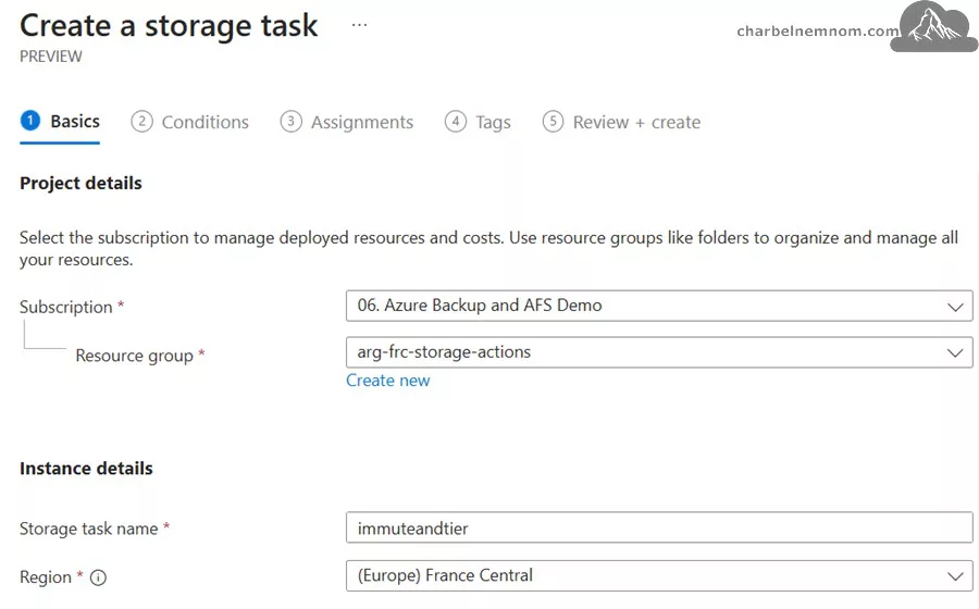 Create a storage task | Basics tab