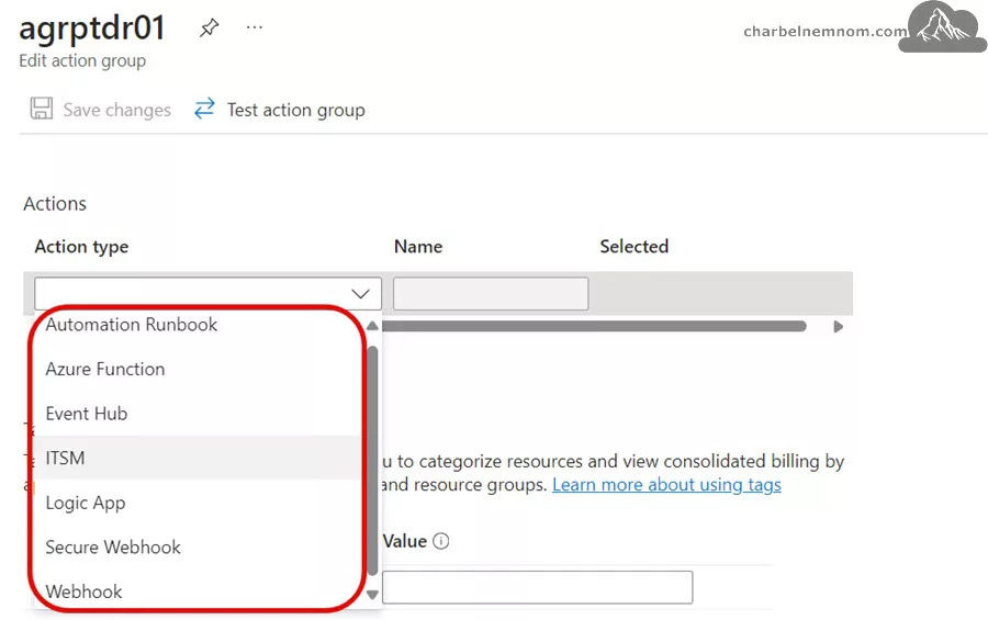 Configure alert rule actions | action type