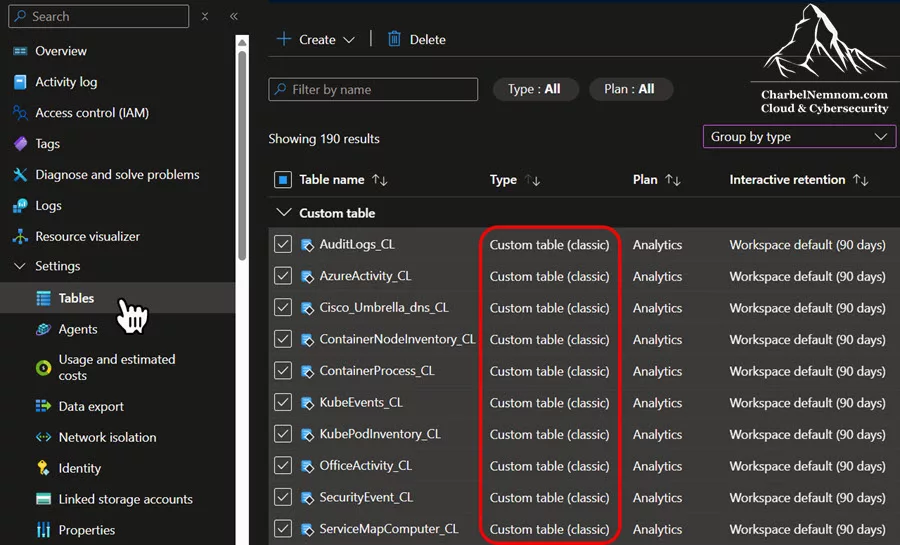 Custom table (classic) in Log Analytics