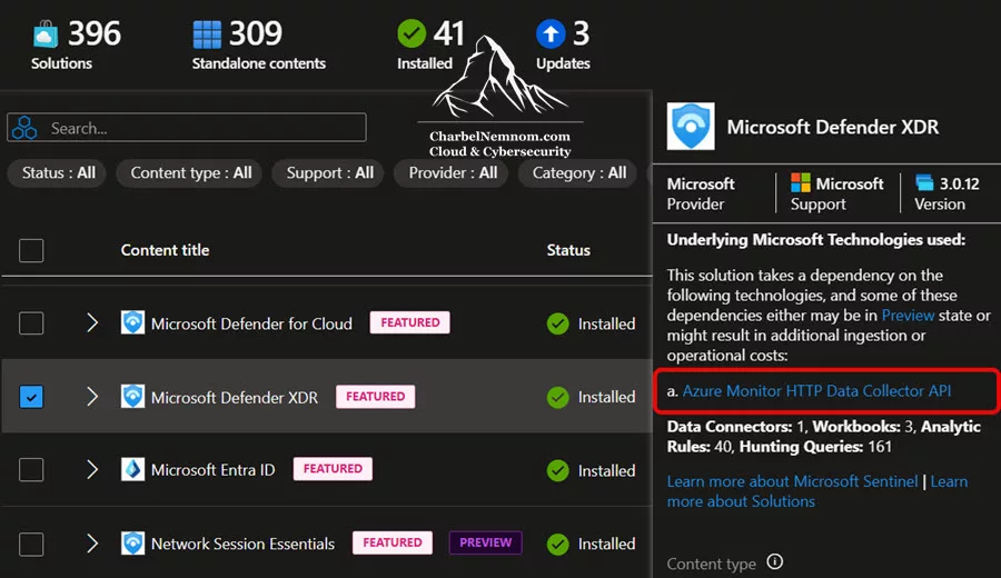 Sentinel Content Hub connector details for “Microsoft Defender XDR”