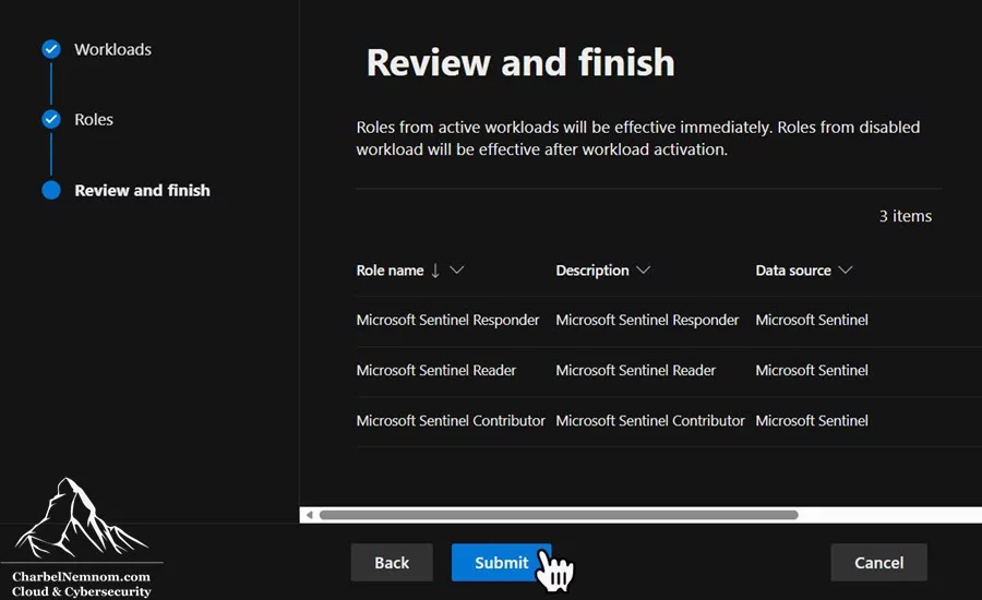 Demystifying Microsoft Sentinel Roles and Permissions 24 Import Microsoft Sentinel Roles > Review and finish