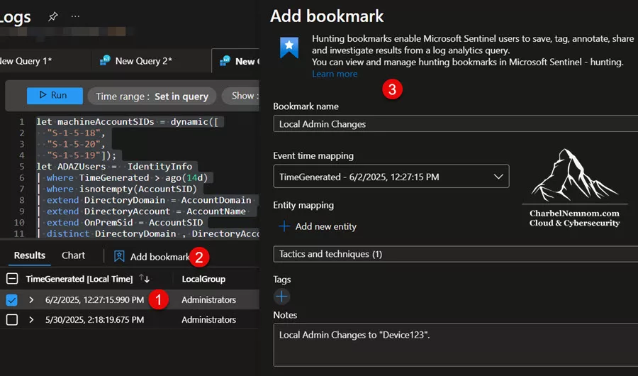 Add bookmark in Microsoft Sentinel