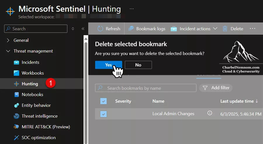 Delete a bookmark in Microsoft Sentinel