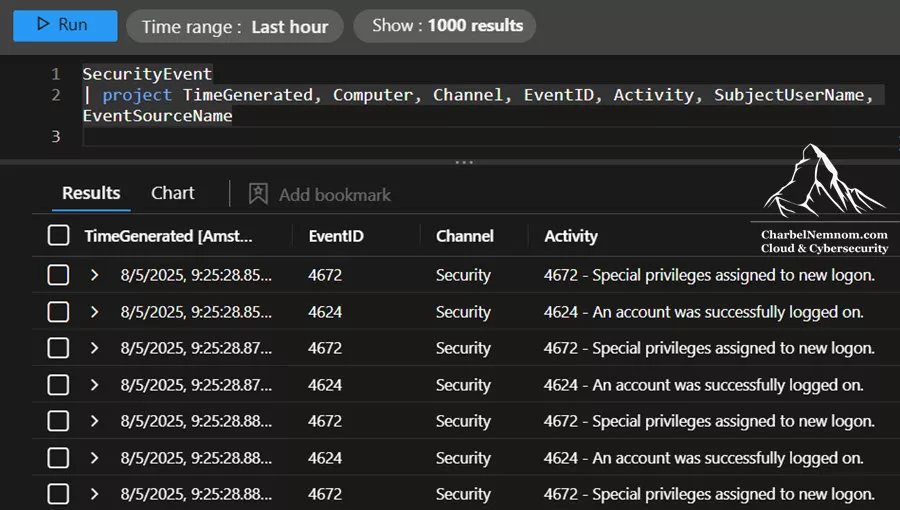 Verify successful log ingestion with "SecurityEvent" information