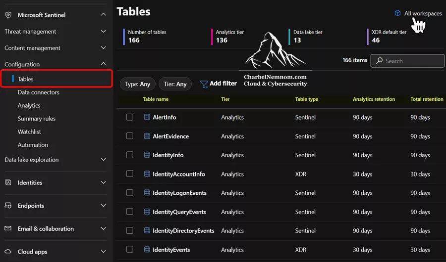 Tables Management experience in the Defender portal