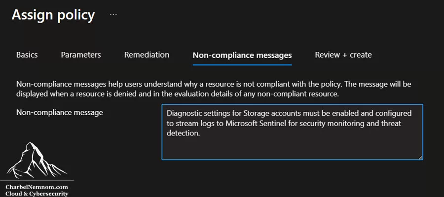 Configure Diagnostic Settings for Storage Accounts to Sentinel at Scale 11 Non-compliance messages | Assign Custom Policy Definition