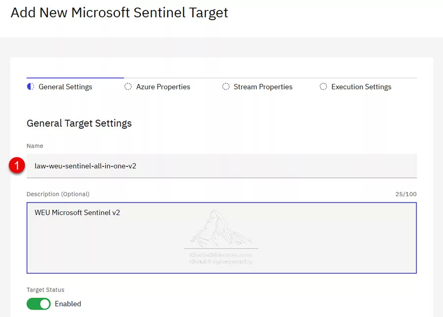 Add New Microsoft Sentinel Target | General Settings