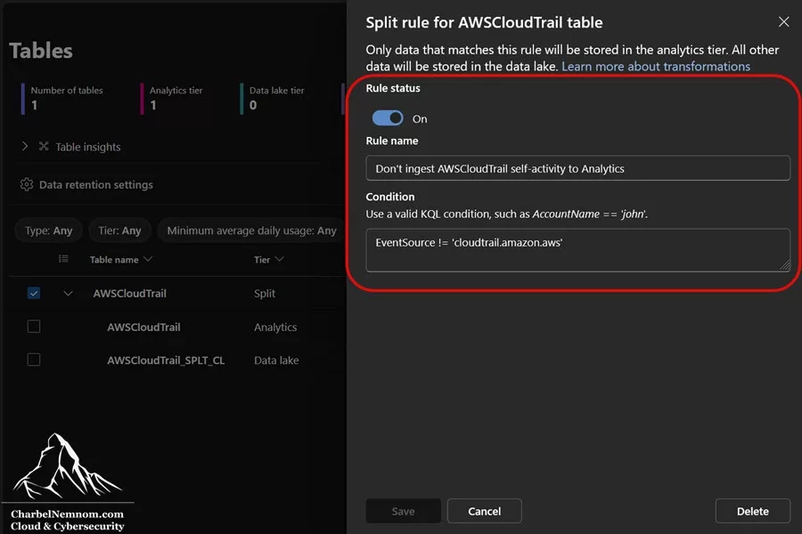 Split rule for `AWSCloudTrail` table