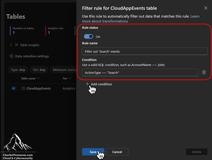 Filter rule for `CloudAppEvents` table