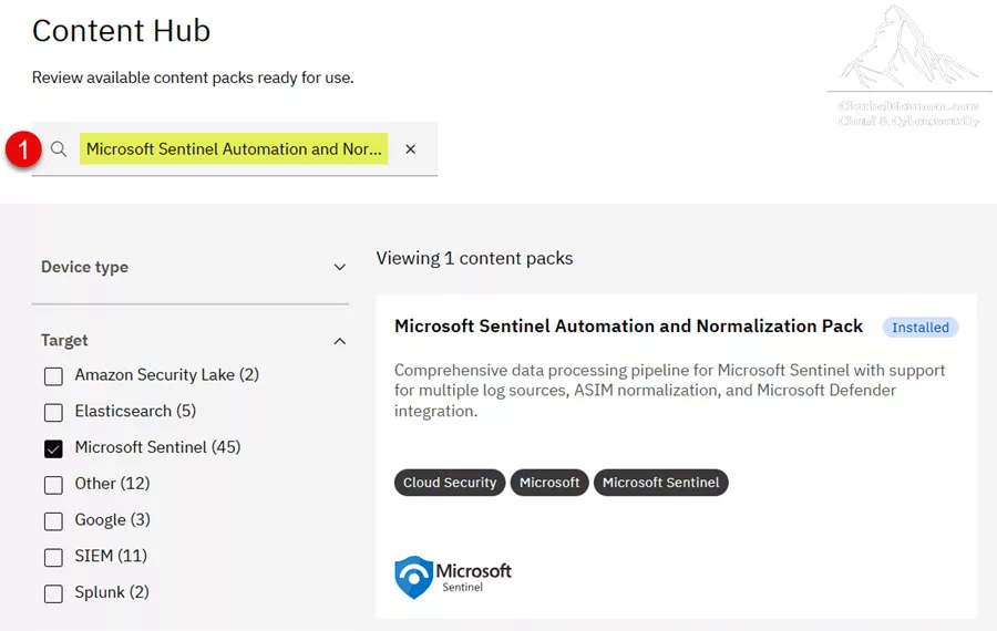Install Microsoft Sentinel Automation and Normalization Pack from Content Hub