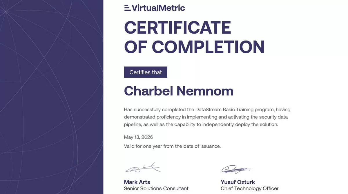 Successfully Completed the VirtualMetric DataStream Training 1 Charbel Nemnom VirtualMetric DataStream Basic Training certificate Microsoft Sentinel security data pipeline