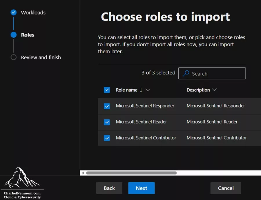 Import roles > Choose the Microsoft Sentinel roles to import