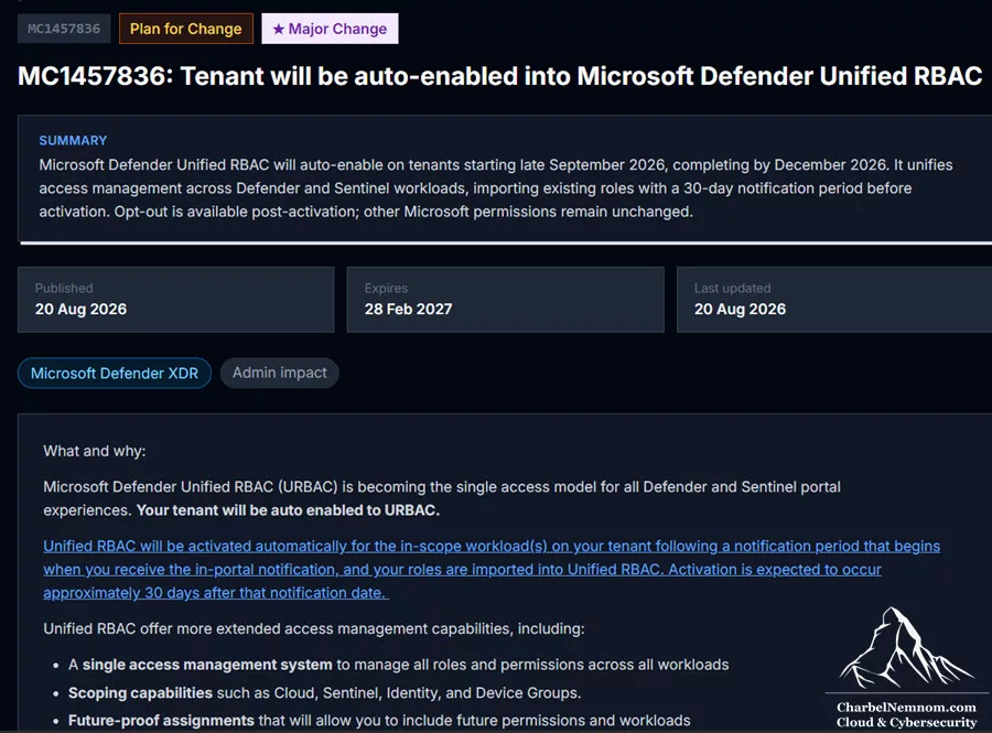 MC1457836: Tenant will be auto-enabled into Microsoft Defender Unified RBAC
