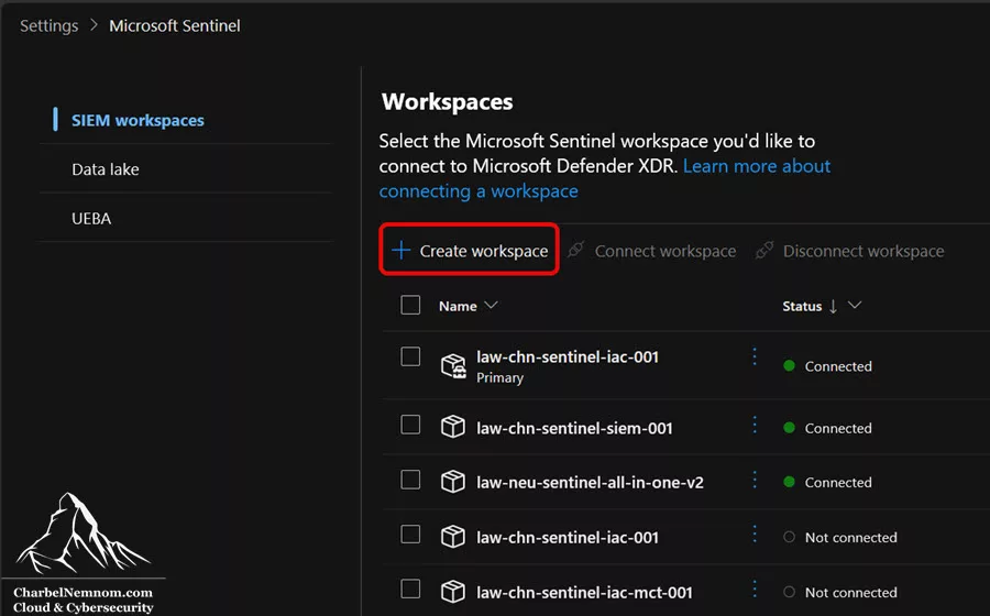 SIEM workspaces page in the Microsoft Defender portal