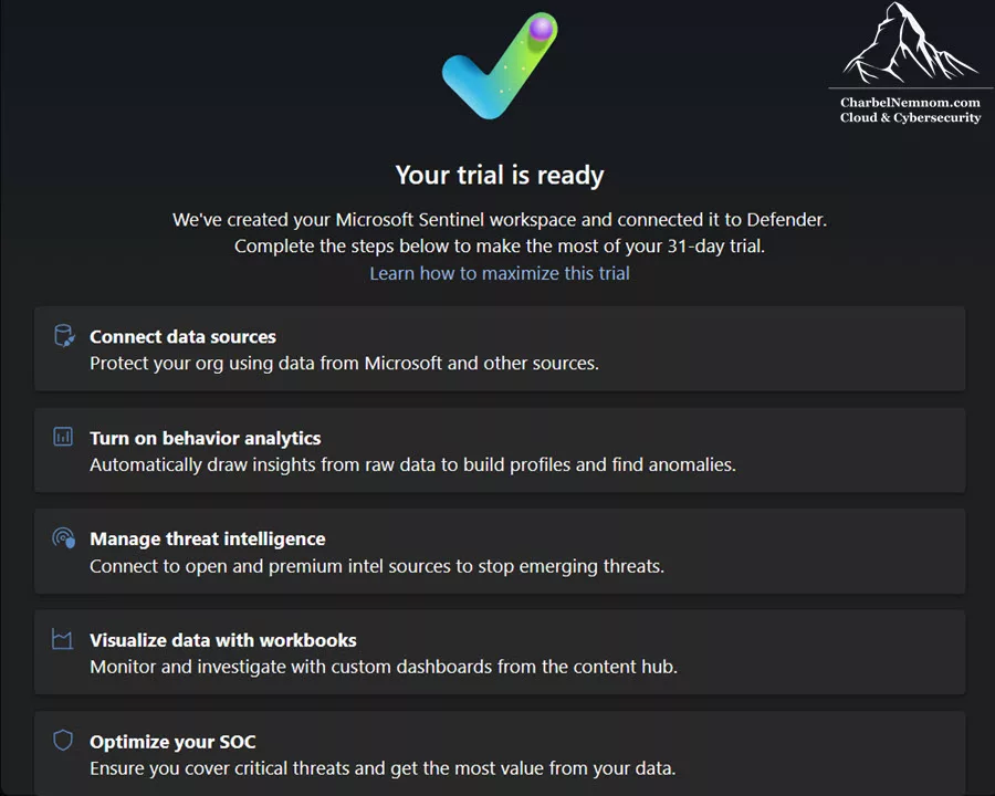 ISOC workspace provisioned: a Microsoft Sentinel workspace with a 31-day trial, connected to Defender