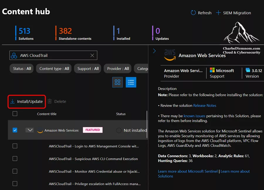 Installing the AWS solution from Content Hub for the ISOC workspace
