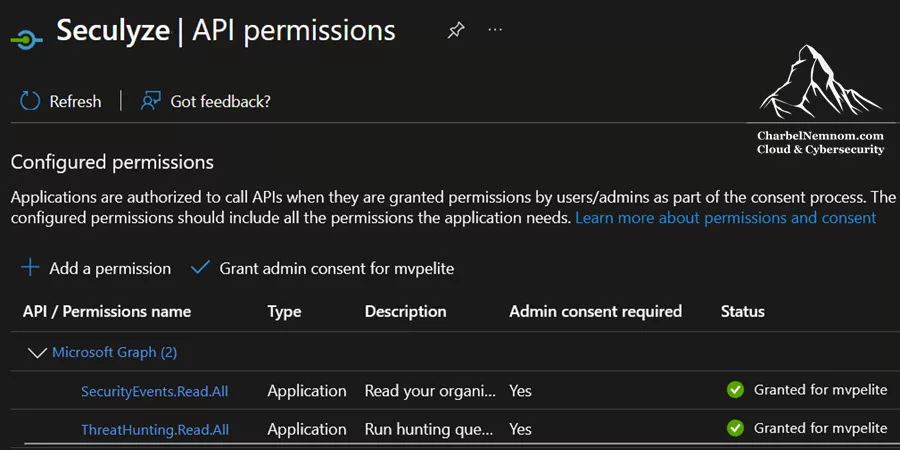 Seculyze app registration API permissions in Microsoft Entra ID