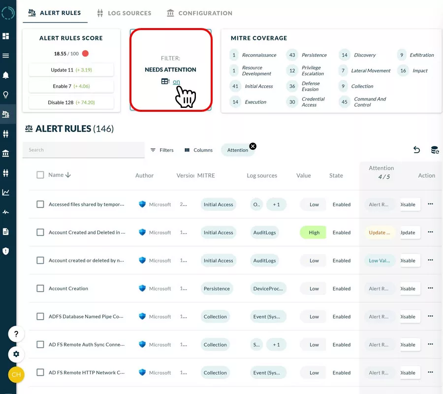 The Alert Rules view with the Needs Attention filter on, narrowing 217 rules to the 146 that need action